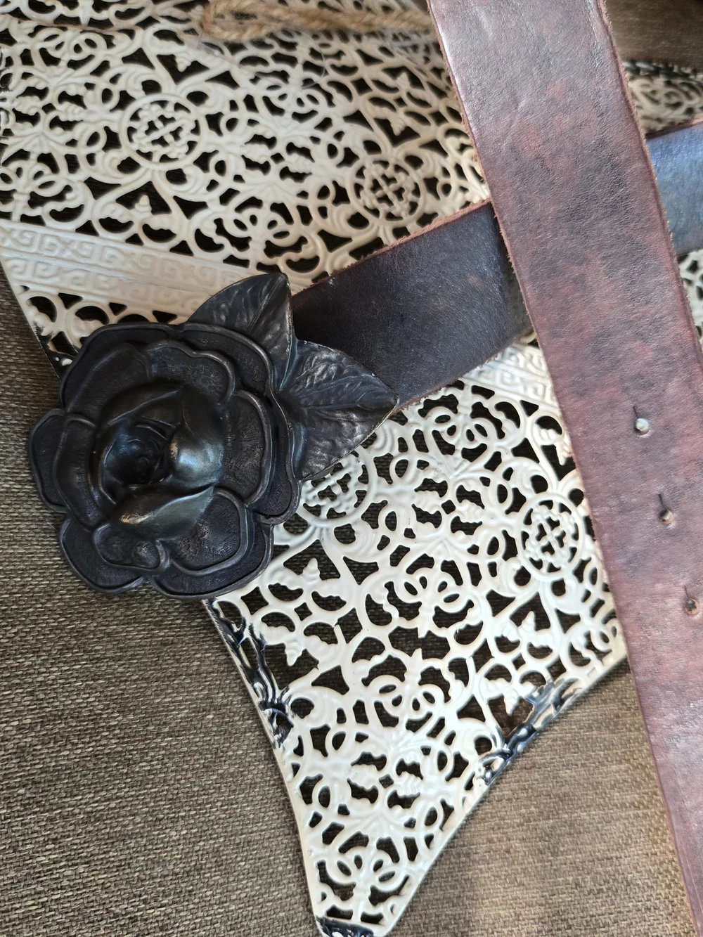 Abercrombie & Fitch Brown Leather Belt with Floral Metal Buckle